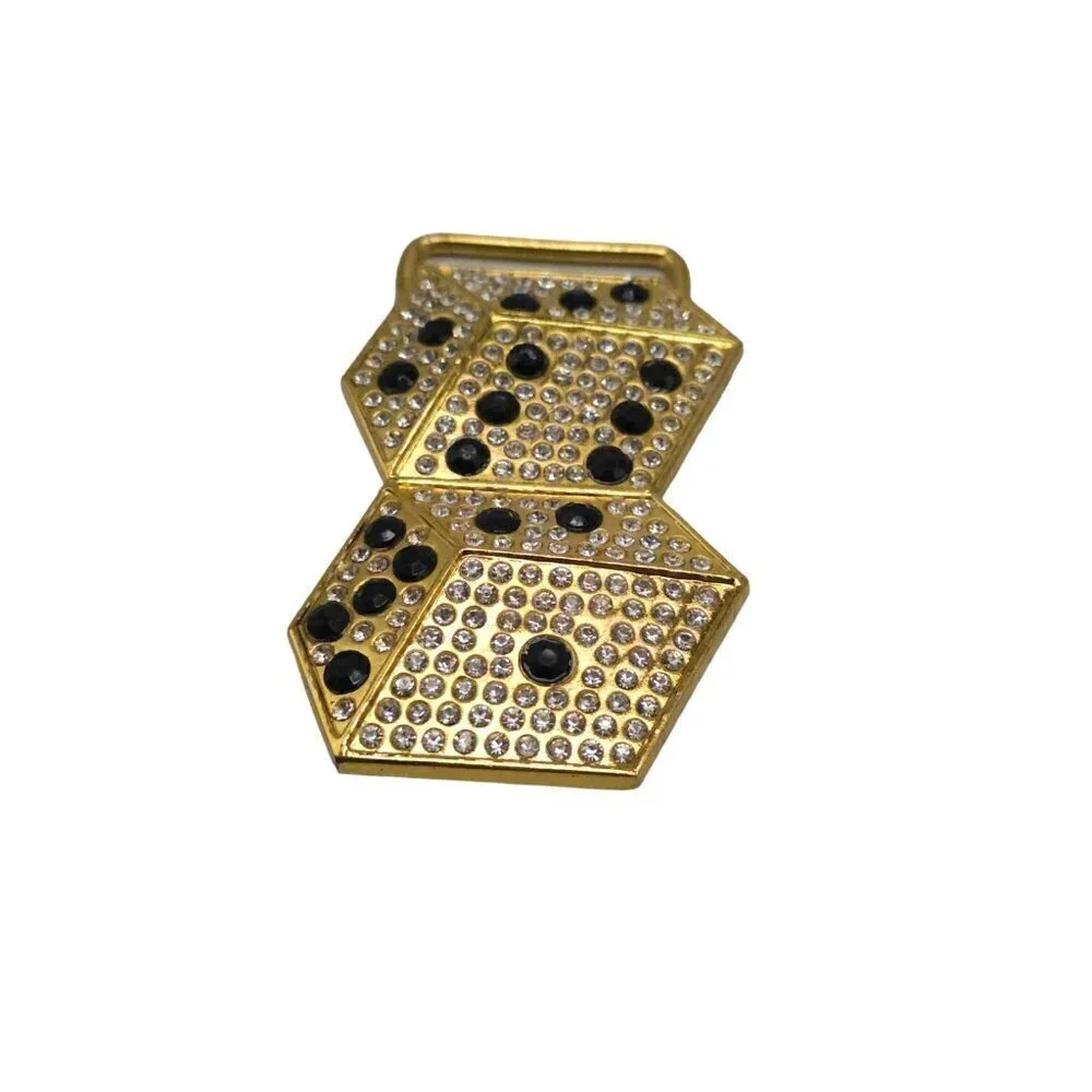 Black Rhinestone Stone Casino Pair of Dice Bling Belt Buckle Gold Tone Vintage